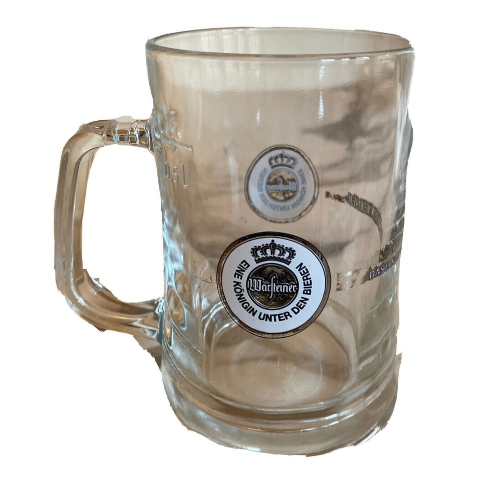 Warsteiner Glass Beer Mug 0.5L With Handle Crown Logo & German Text Clear Thick